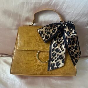 Elegant Mustard Croc-Embossed Handbag with Leopard Bow